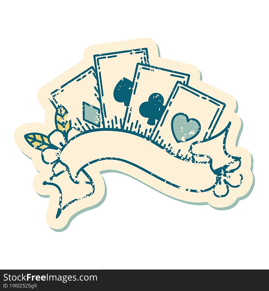 distressed sticker tattoo style icon of cards and banner