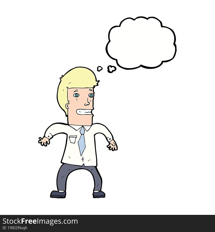 cartoon nervous businessman with thought bubble