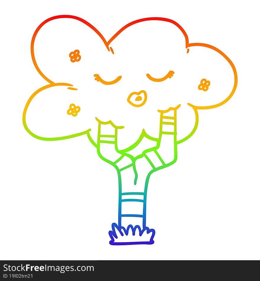 rainbow gradient line drawing of a cartoon tree with face