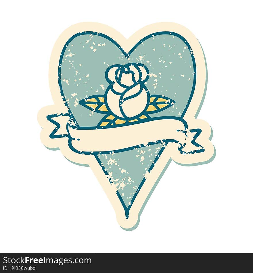 distressed sticker tattoo style icon of a heart rose and banner