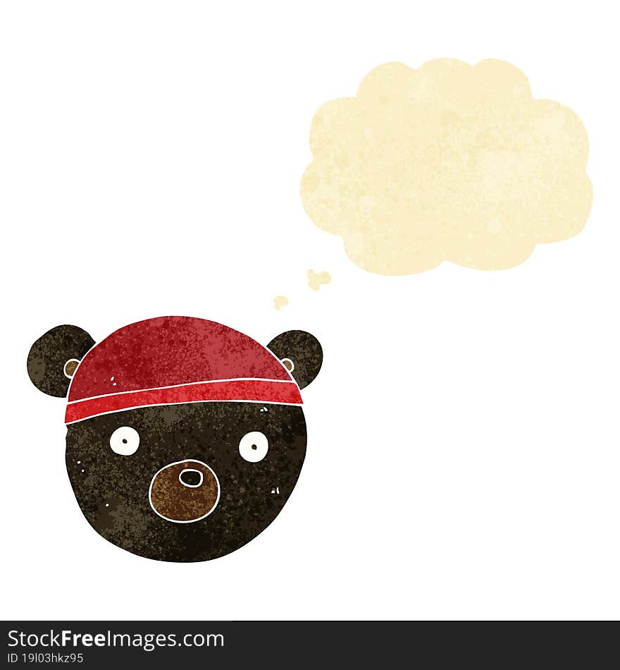 cartoon black bear cub wearing hat with thought bubble