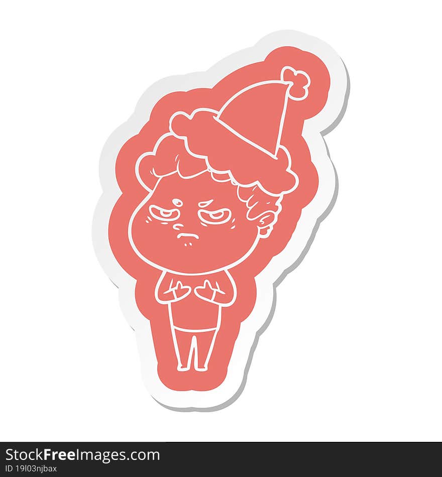 Cartoon  Sticker Of A Angry Man Wearing Santa Hat