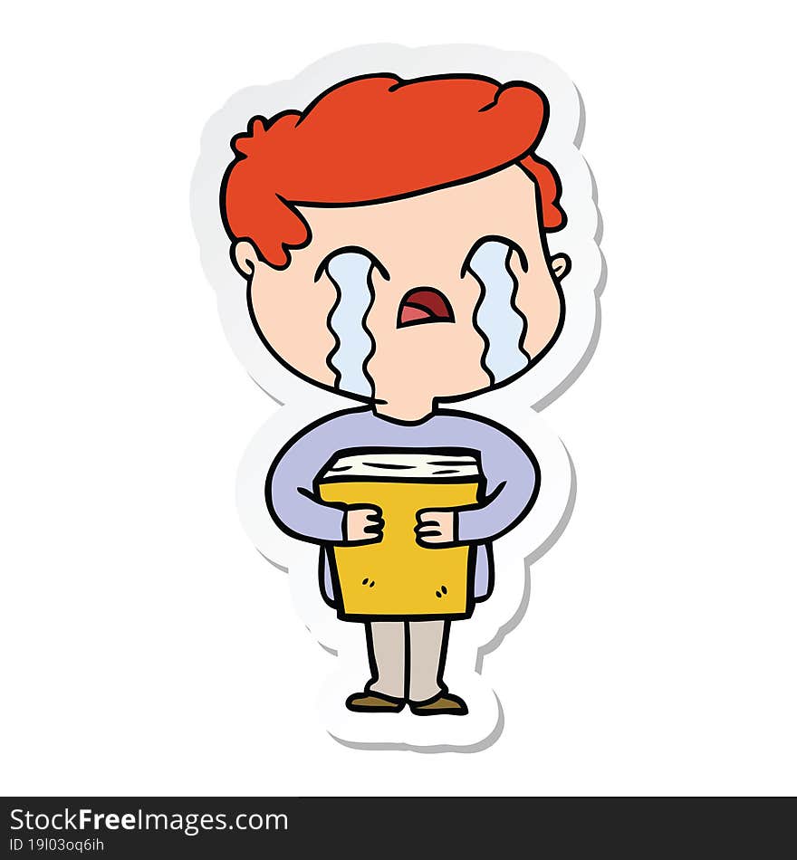 sticker of a cartoon man crying holding book