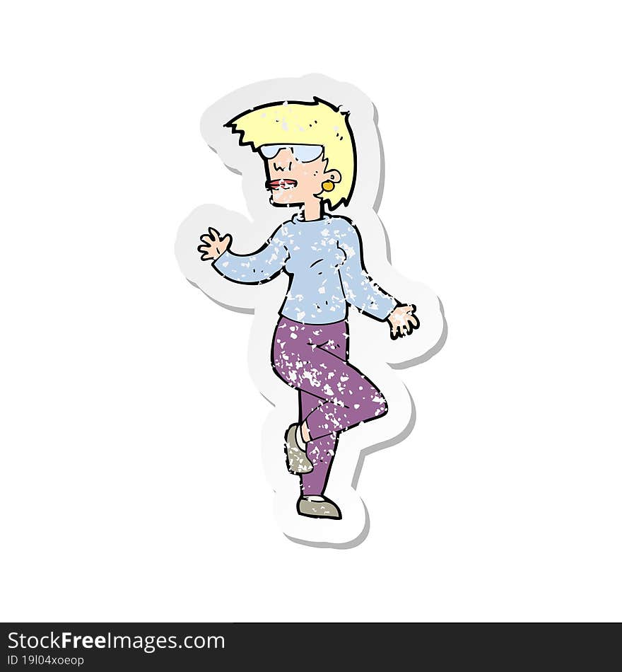 Retro Distressed Sticker Of A Cartoon Woman Waving