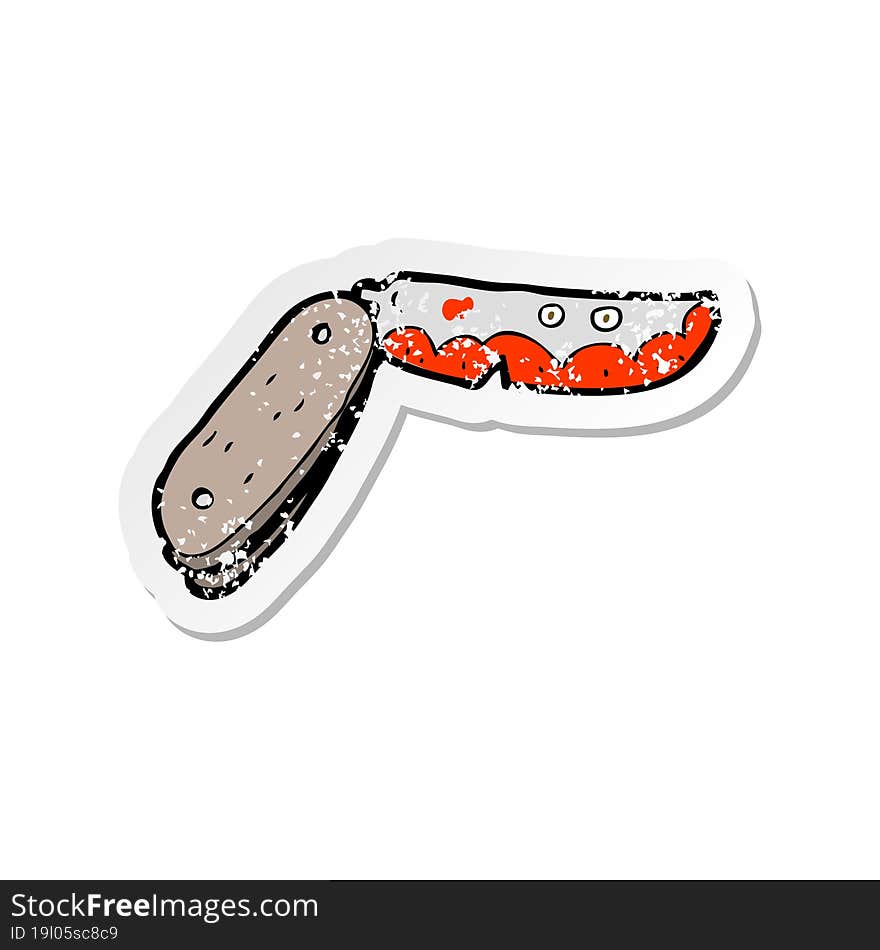 retro distressed sticker of a cartoon bloody folding knife