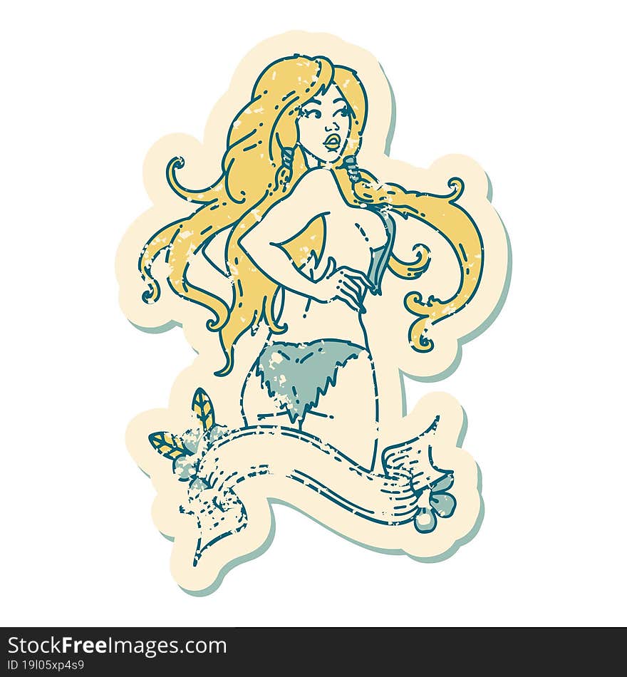 distressed sticker tattoo style icon of a pinup viking girl with banner