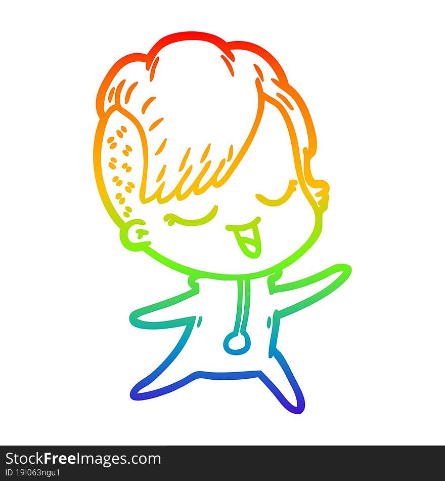 rainbow gradient line drawing happy cartoon girl in onesie