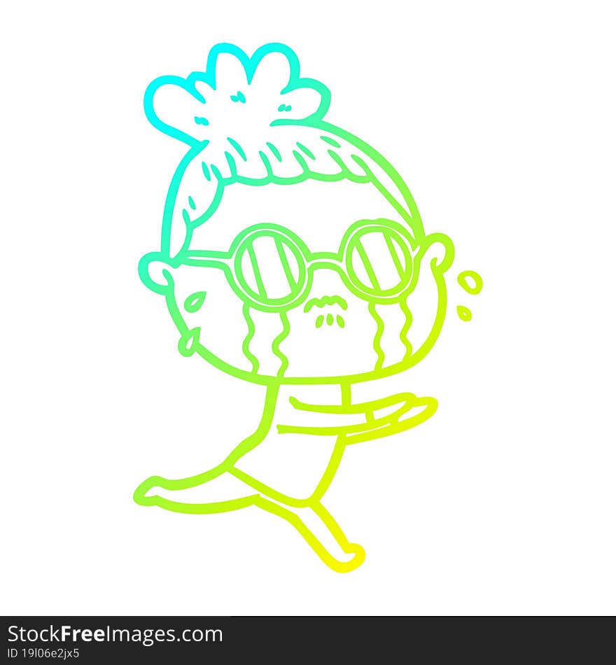 cold gradient line drawing cartoon crying woman wearing spectacles