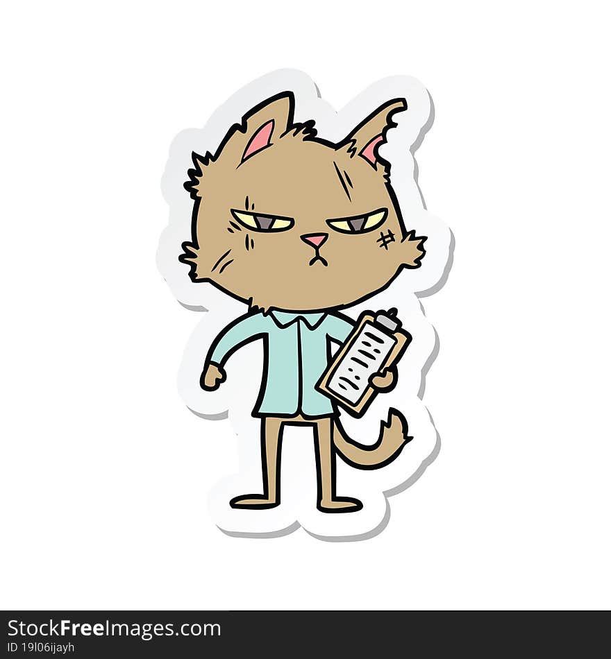 sticker of a tough cartoon cat with clipboard