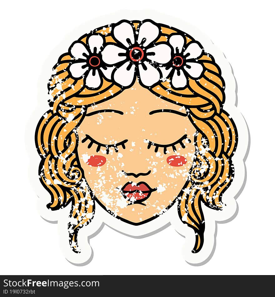 traditional distressed sticker tattoo of female face with eyes closed