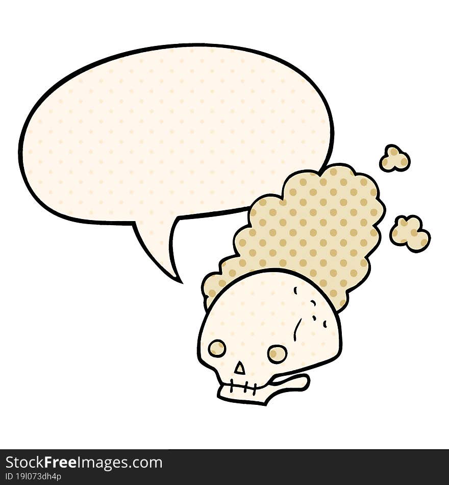 cartoon dusty old skull and speech bubble in comic book style