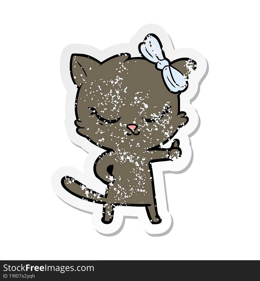 distressed sticker of a cute cartoon cat with bow