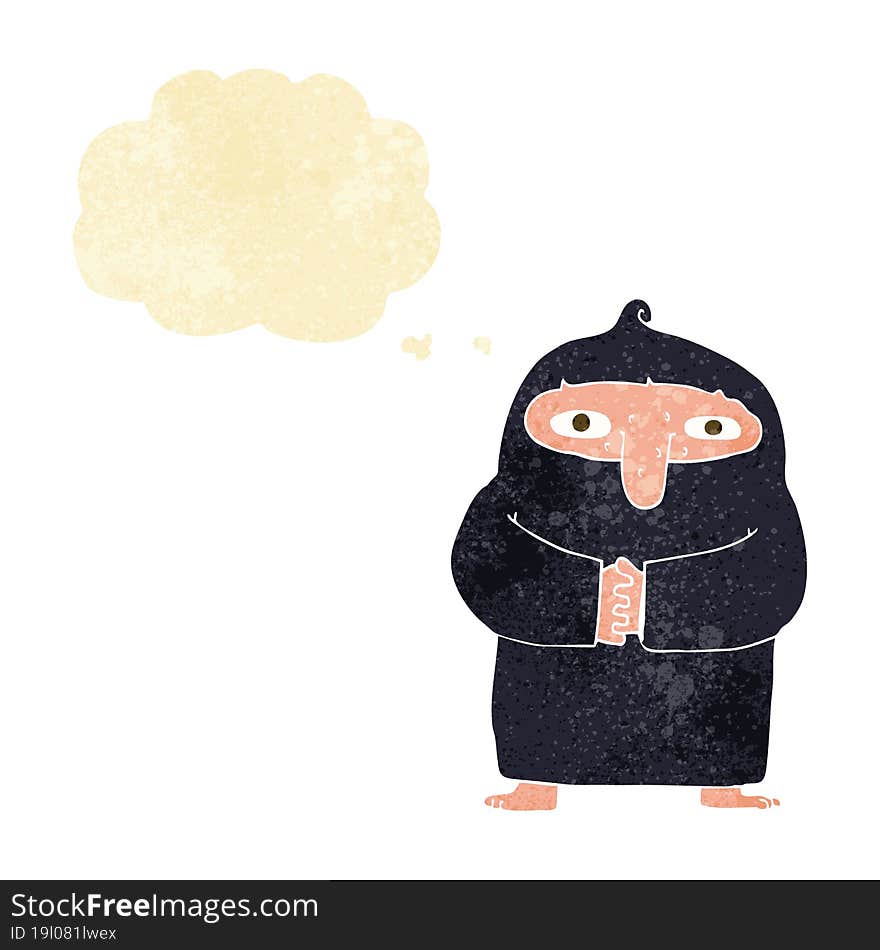 cartoon monk in robe with thought bubble