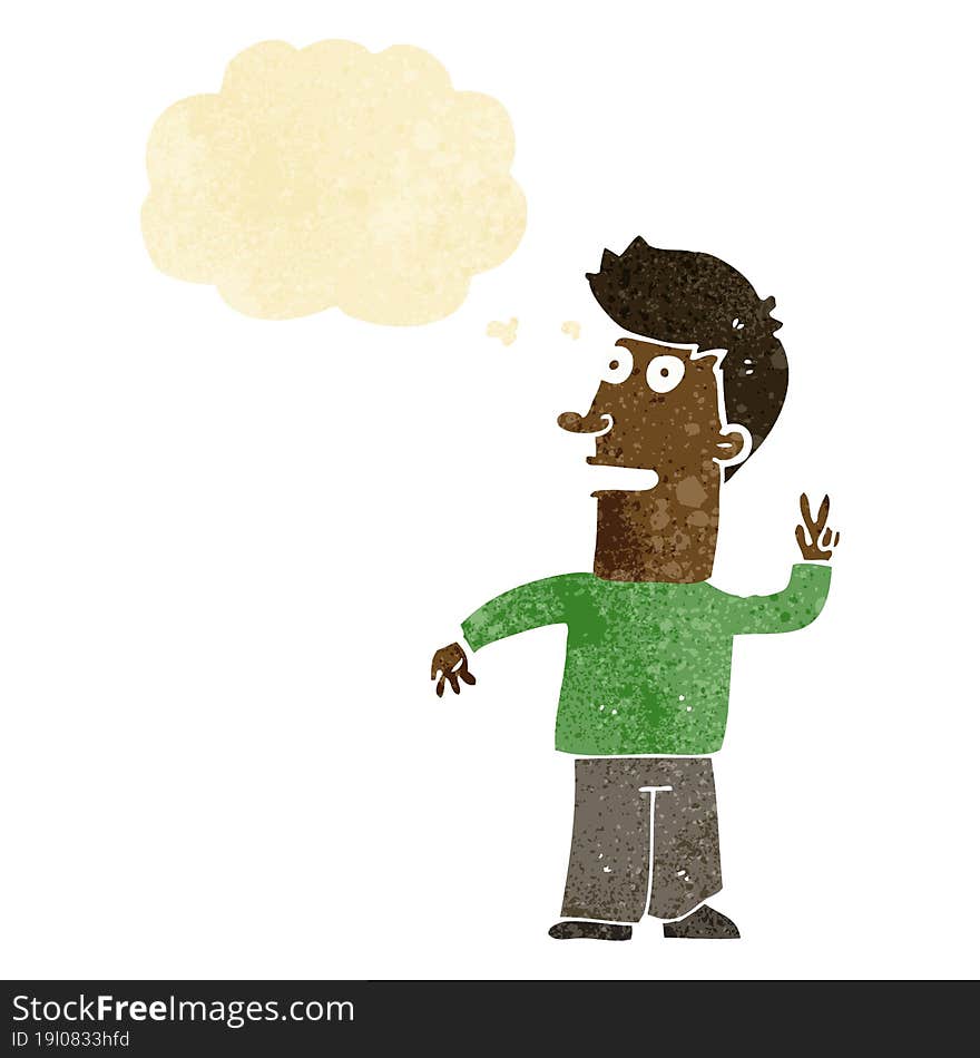 cartoon man making peace sign with thought bubble