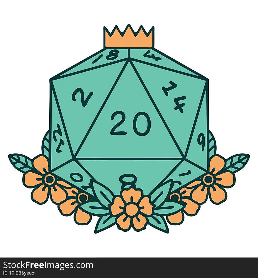 natural 20 D20 dice roll with floral elements illustration