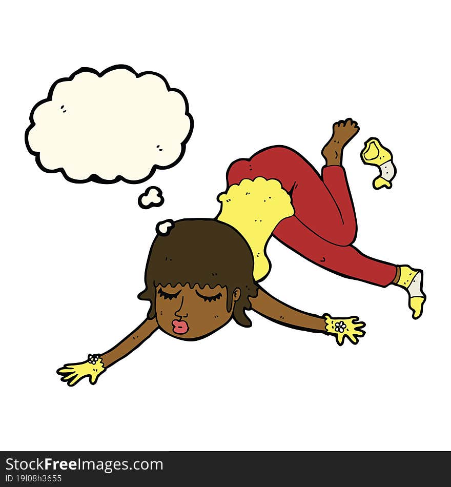 cartoon woman floating with thought bubble