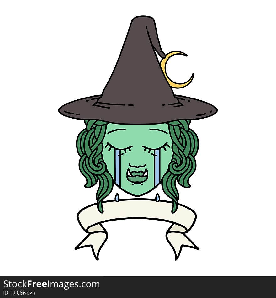 Retro Tattoo Style crying half orc witch character face. Retro Tattoo Style crying half orc witch character face