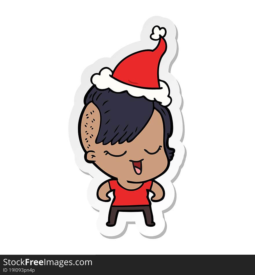 happy sticker cartoon of a girl wearing santa hat