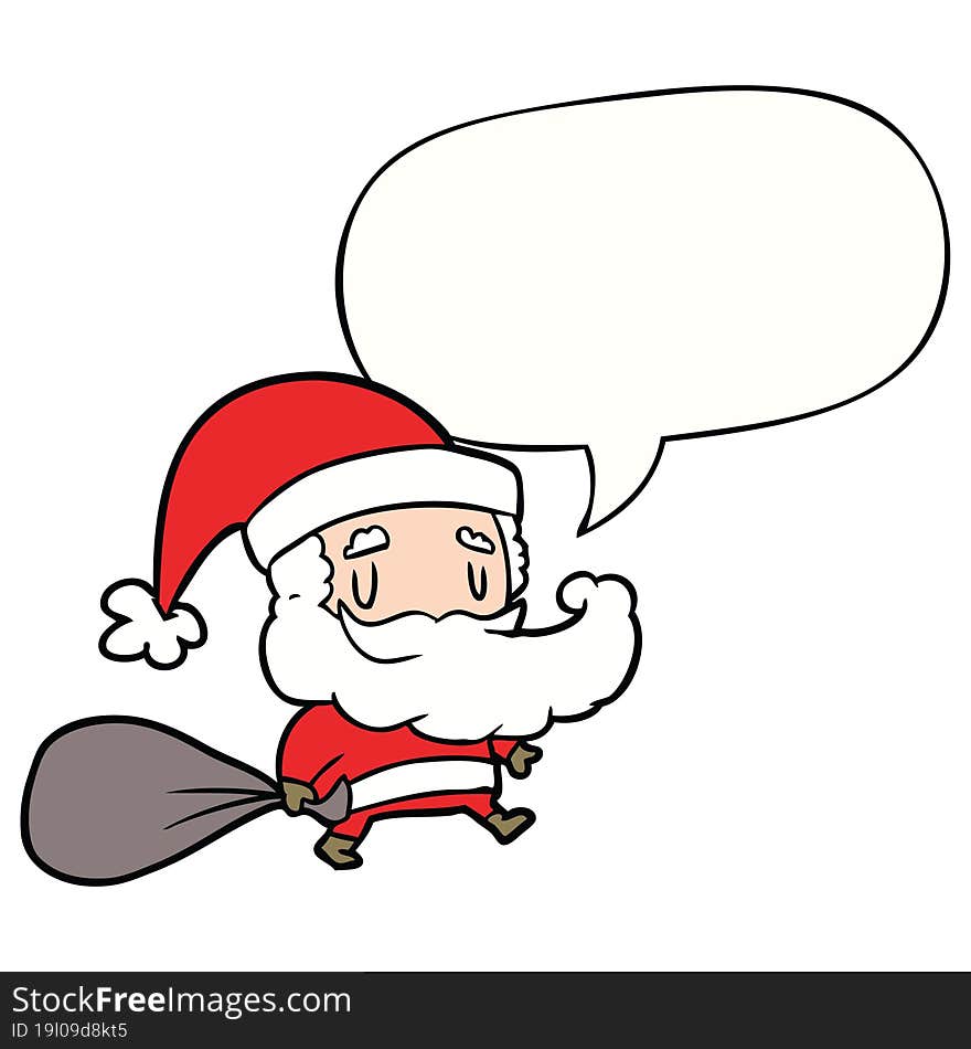 Cartoon Santa Claus Carrying Sack Of Presents And Speech Bubble