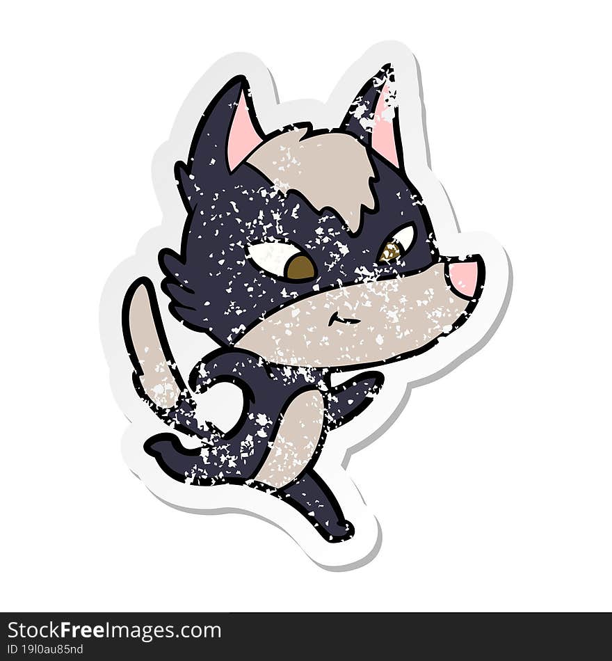 distressed sticker of a friendly cartoon wolf running