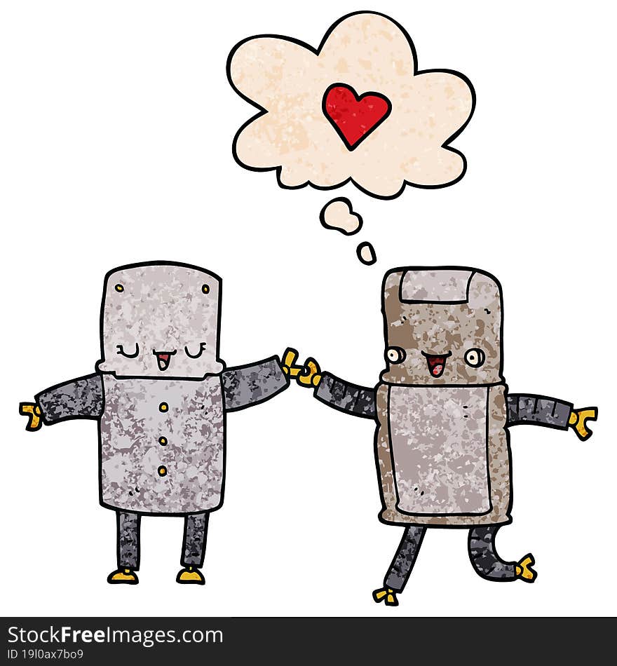 cartoon robots in love with thought bubble in grunge texture style. cartoon robots in love with thought bubble in grunge texture style