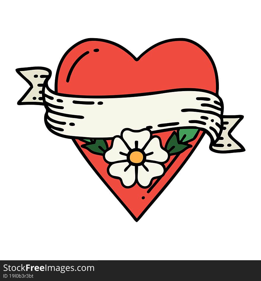 tattoo in traditional style of a heart flower and banner. tattoo in traditional style of a heart flower and banner