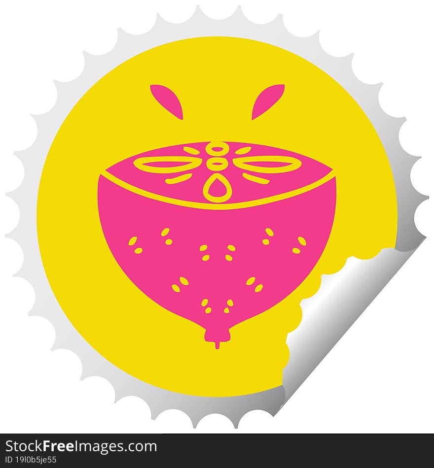 quirky circular peeling sticker cartoon lemon