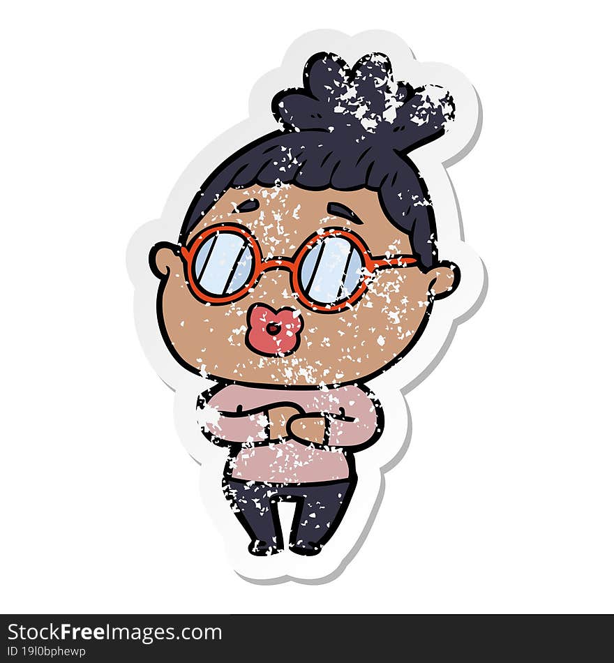 distressed sticker of a cartoon woman wearing spectacles