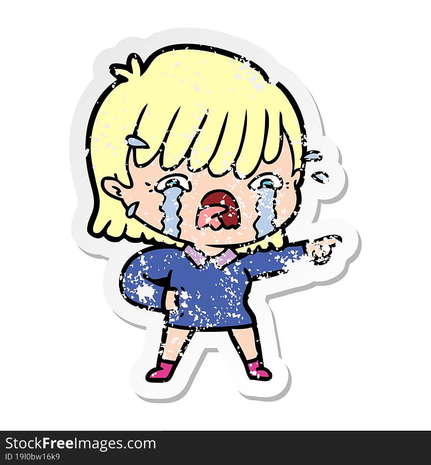 distressed sticker of a cartoon girl crying