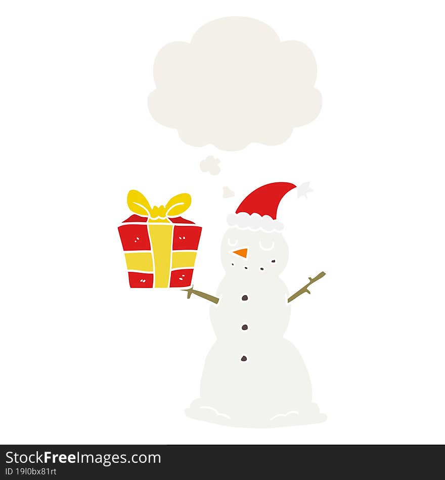 cartoon snowman with present with thought bubble in retro style