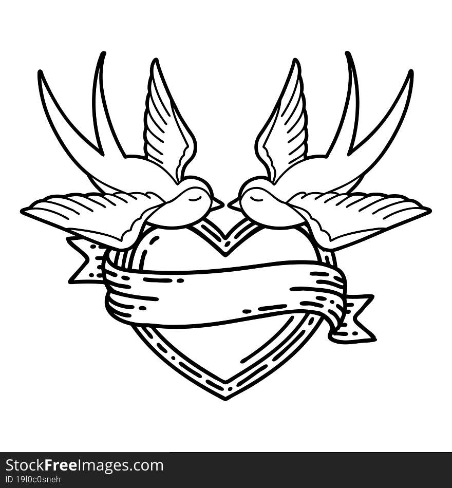 Black Line Tattoo Of A Swallows And A Heart With Banner