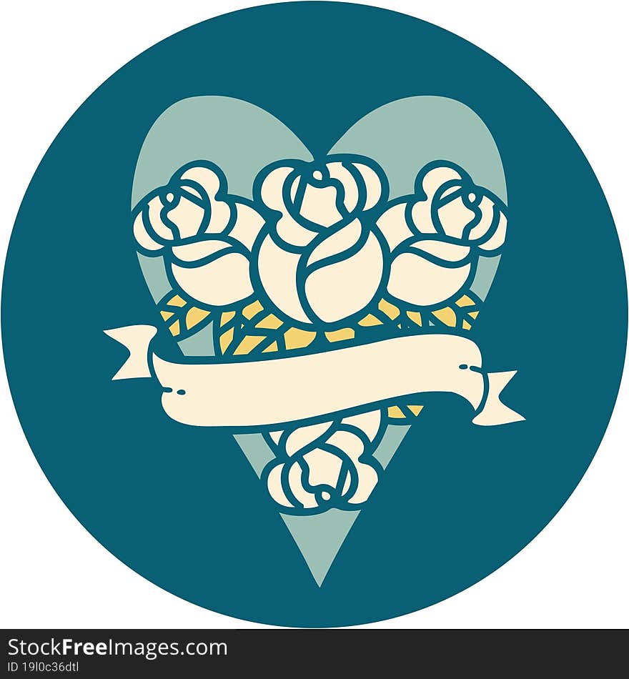 tattoo style icon of a heart and banner with flowers