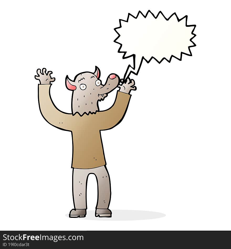 cartoon happy werewolf man with speech bubble