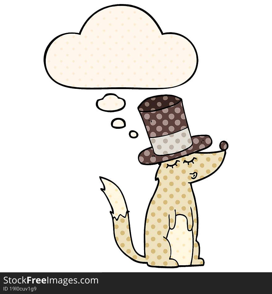 cartoon wolf whistling wearing top hat and thought bubble in comic book style