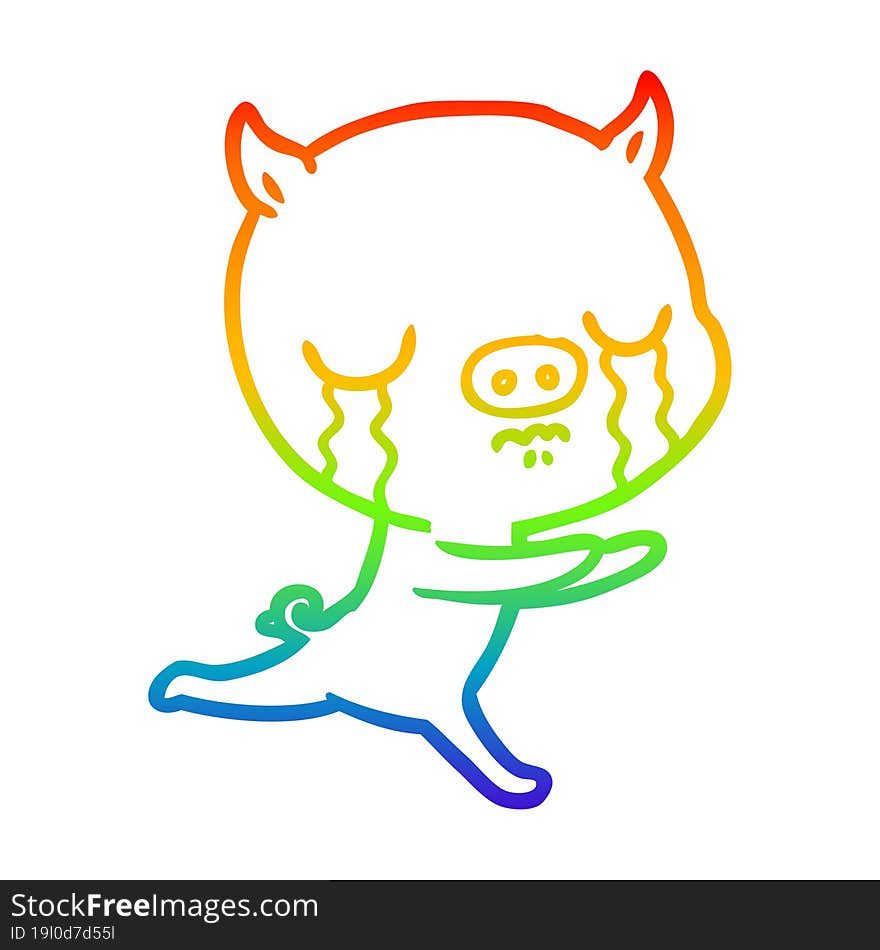 rainbow gradient line drawing of a cartoon pig crying