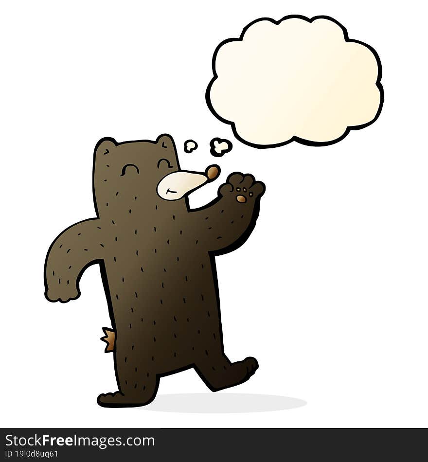 cartoon waving black bear with thought bubble