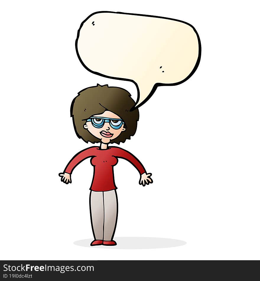 cartoon woman shrugging shoulders with speech bubble