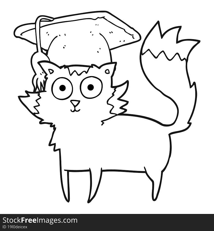 freehand drawn black and white cartoon cat graduate