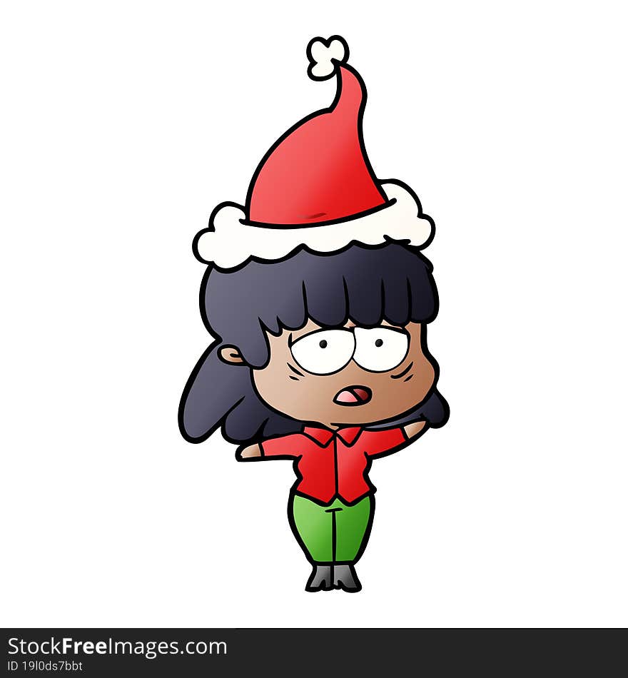 gradient cartoon of a tired woman wearing santa hat