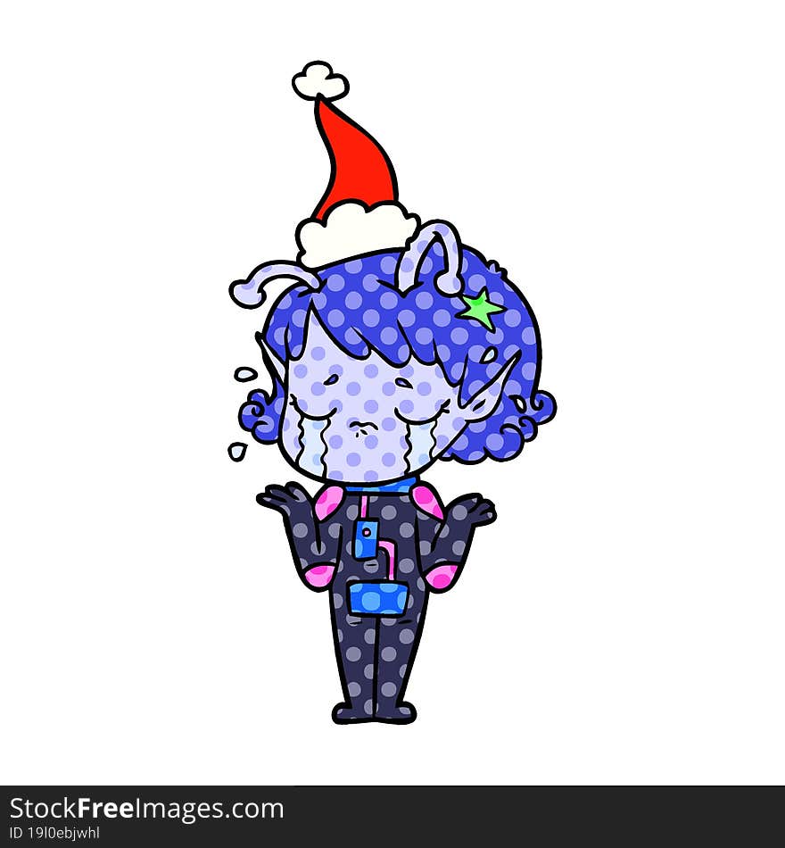 comic book style illustration of a crying alien girl wearing santa hat