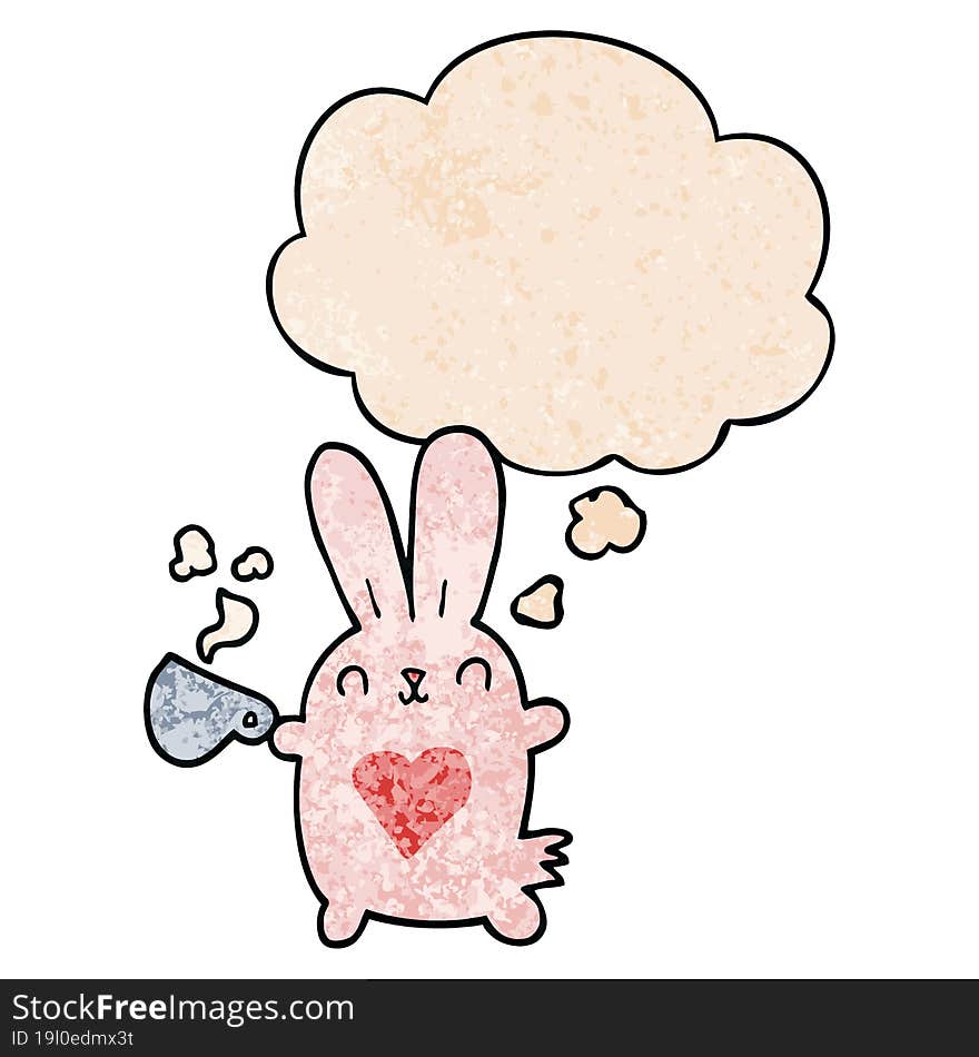 cute cartoon rabbit with love heart and coffee cup and thought bubble in grunge texture pattern style