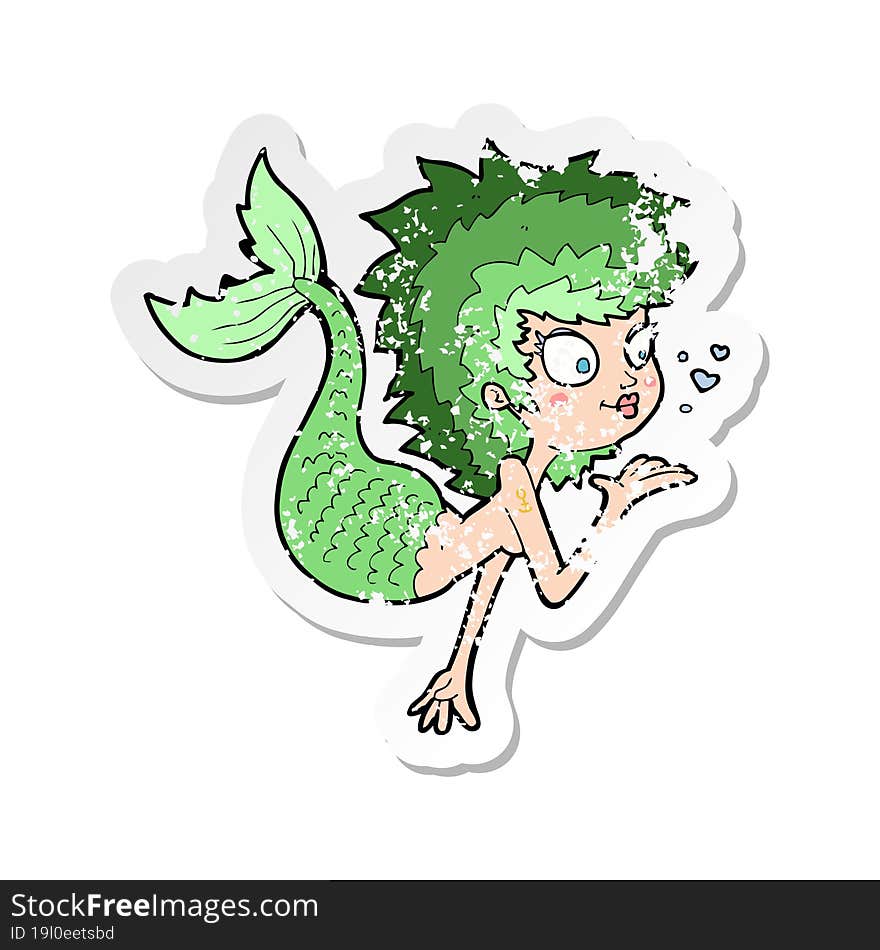 retro distressed sticker of a cartoon mermaid blowing a kiss