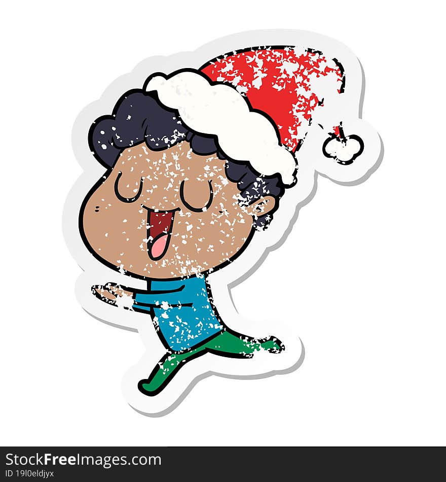 laughing hand drawn distressed sticker cartoon of a man running wearing santa hat