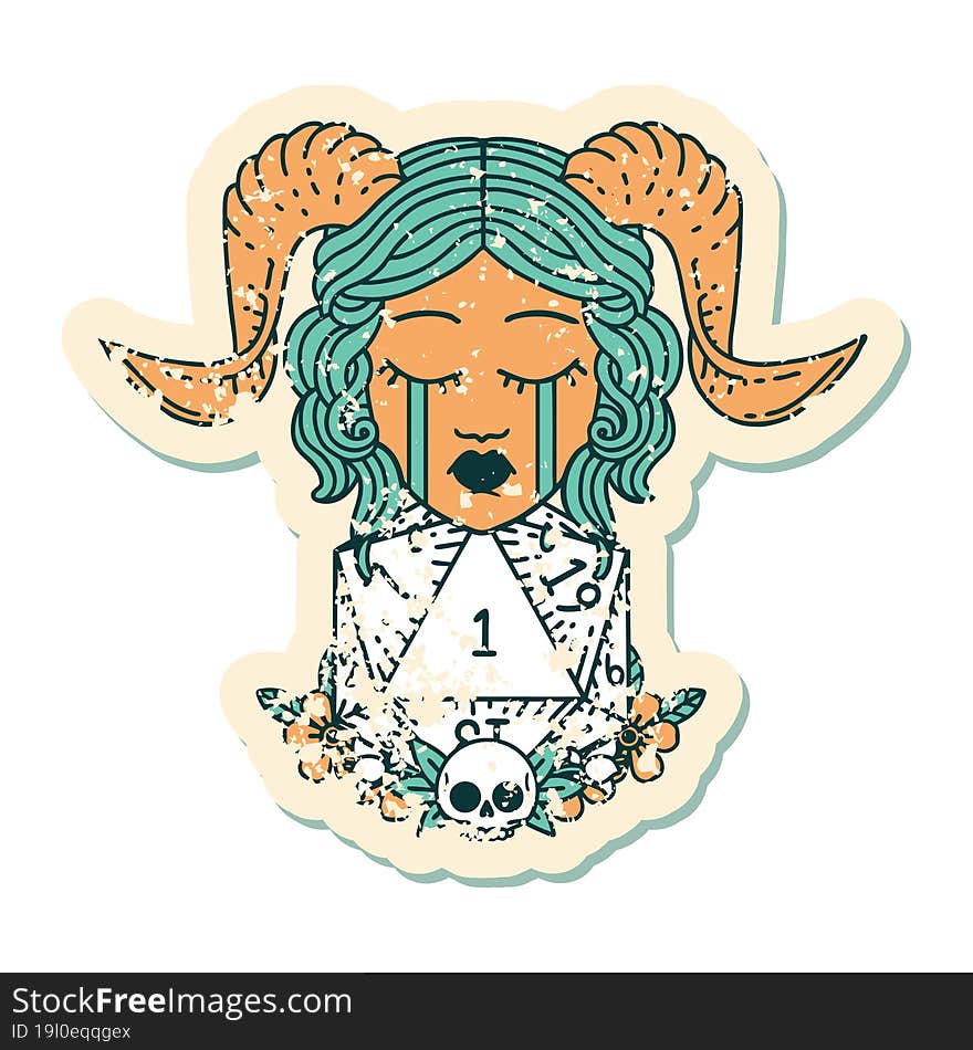 grunge sticker of a crying tiefling with natural one D20 dice roll. grunge sticker of a crying tiefling with natural one D20 dice roll