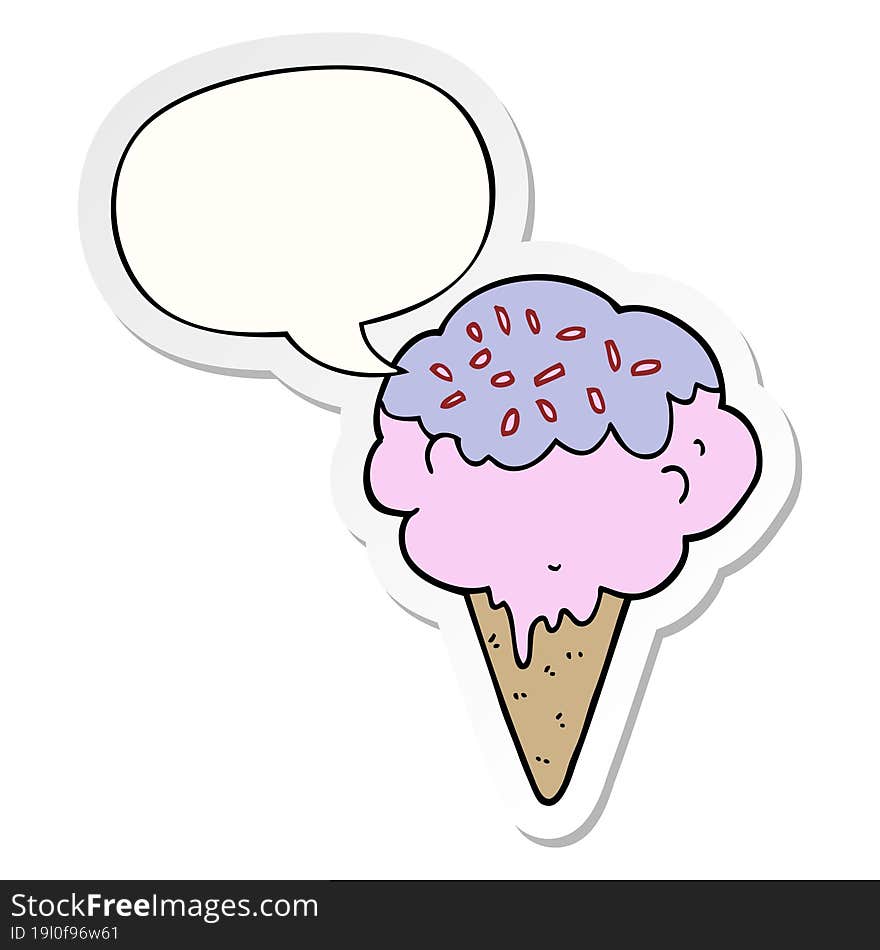 cartoon ice cream with speech bubble sticker. cartoon ice cream with speech bubble sticker