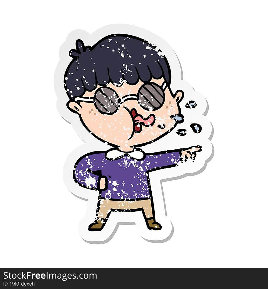 distressed sticker of a cartoon boy wearing spectacles and pointing