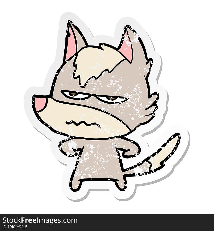 distressed sticker of a cartoon annoyed wolf