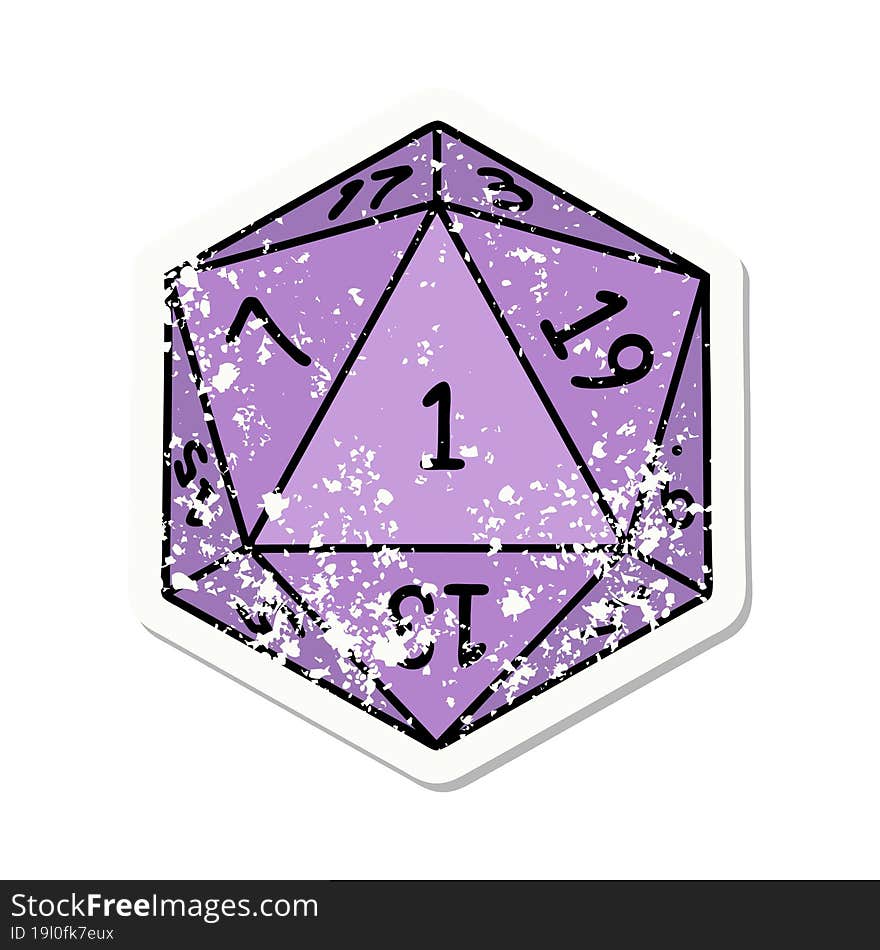 grunge sticker of a natural 1 D20 dice roll. grunge sticker of a natural 1 D20 dice roll