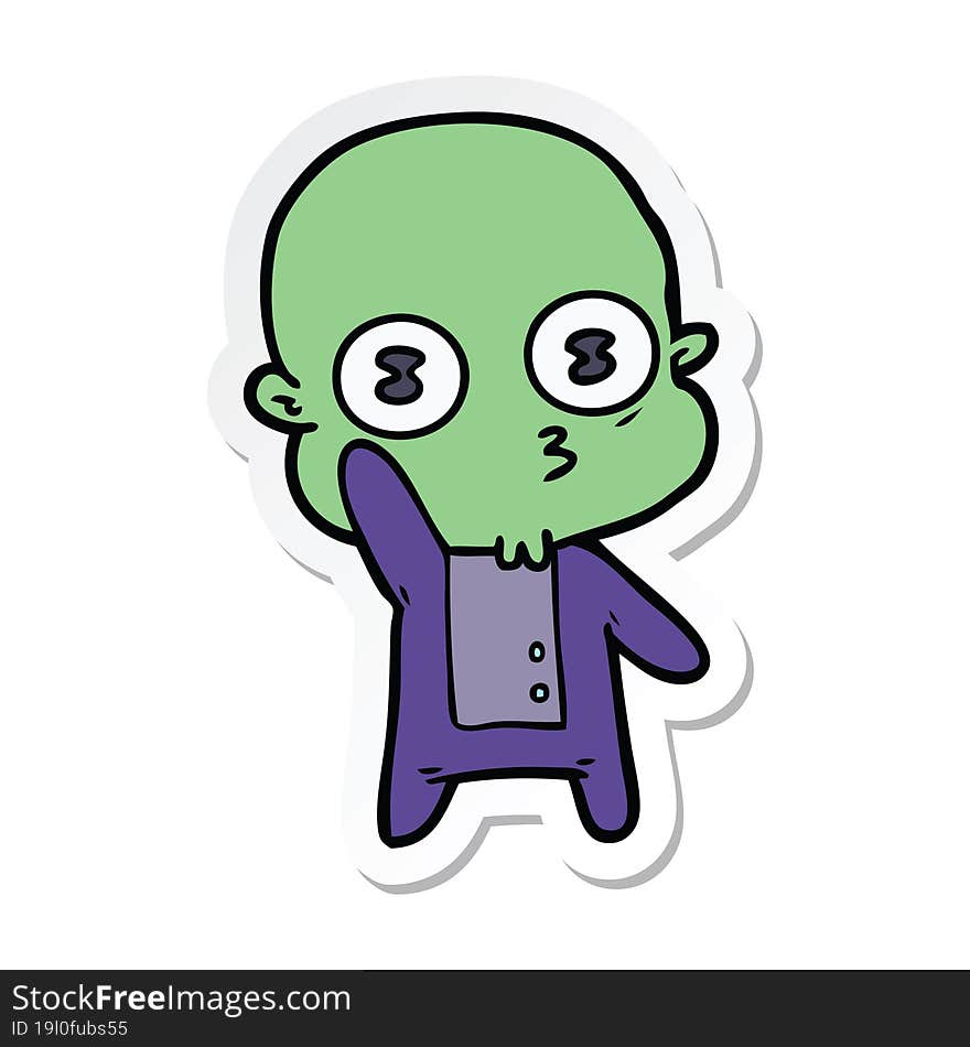 sticker of a waving weird bald spaceman