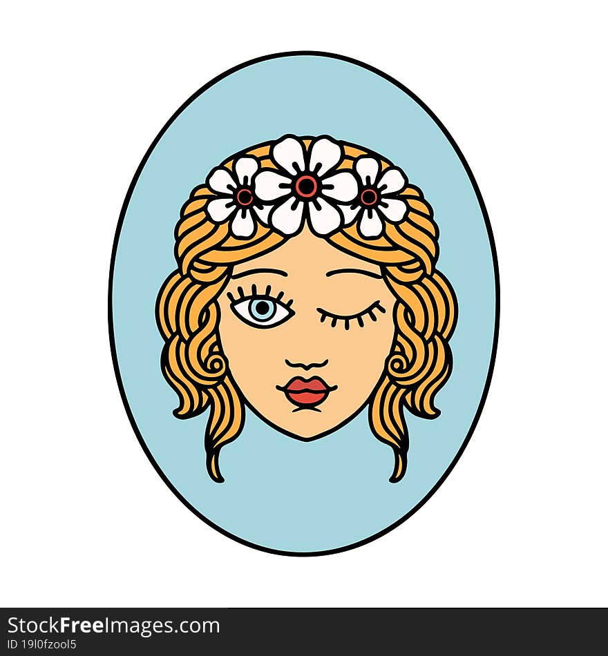 tattoo in traditional style of a maiden with crown of flowers winking. tattoo in traditional style of a maiden with crown of flowers winking